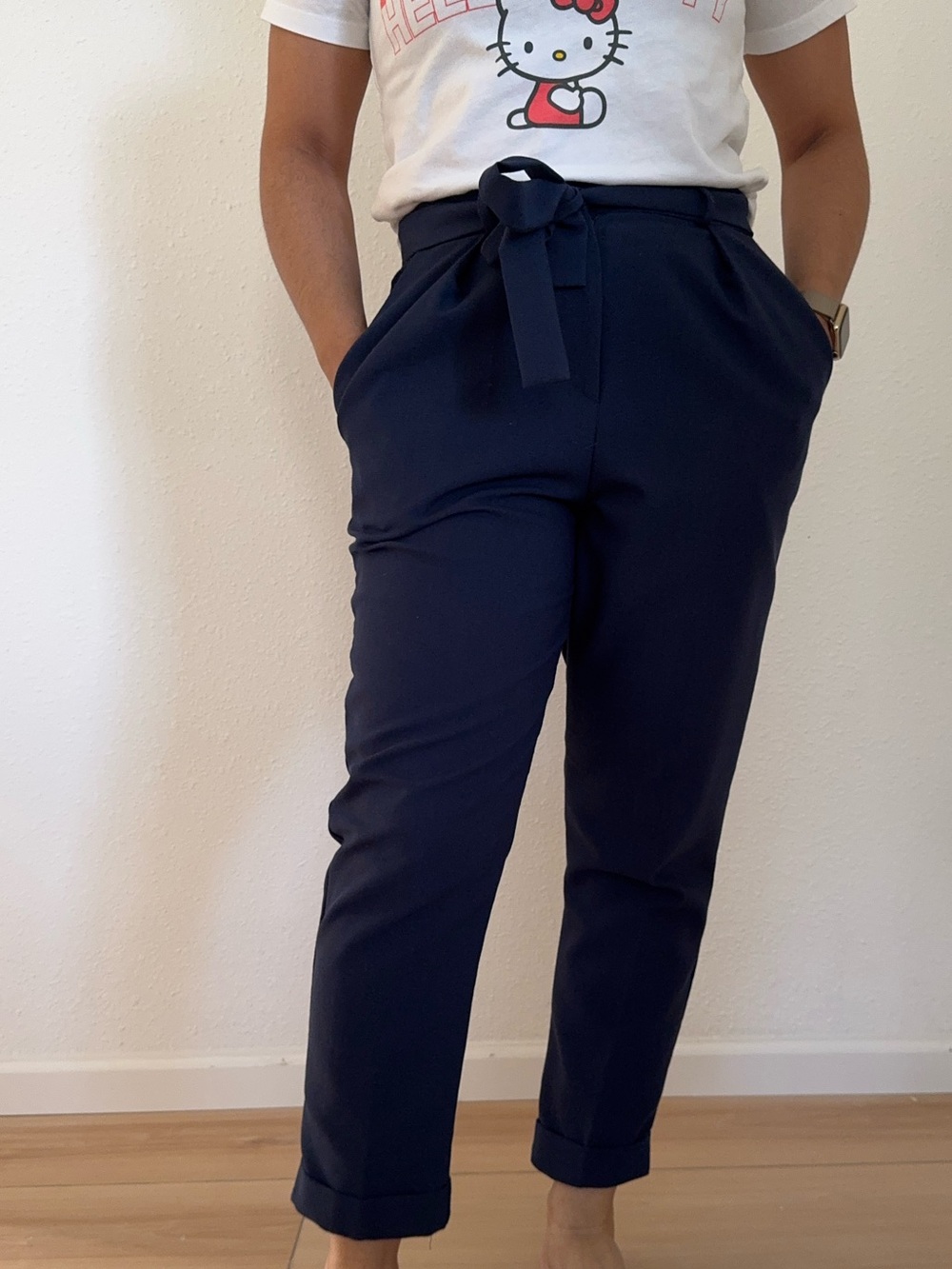 ASOS Petite Navy Blue Pleated Pants with Tie Belt